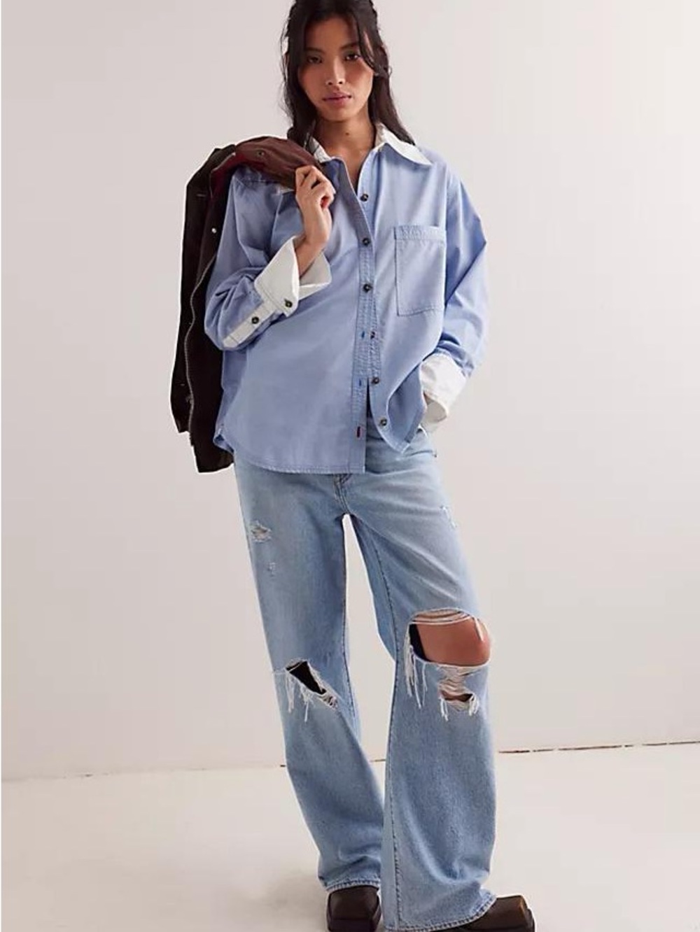 We The Free Light Blue Button-Down Shirt with White Collar & Cuffs